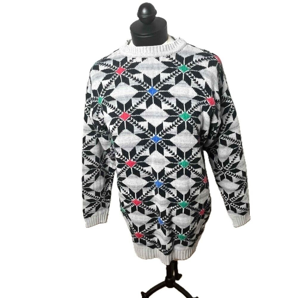 Liz Claiborne  Holiday Snowflake‎ Cotton Crew Knit Sweater Small Gray Green Red
